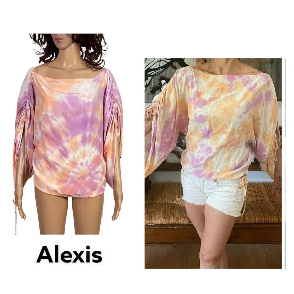 Alexis tie dye kimono split cinch sleeves silk poncho purple orange blouse M/L